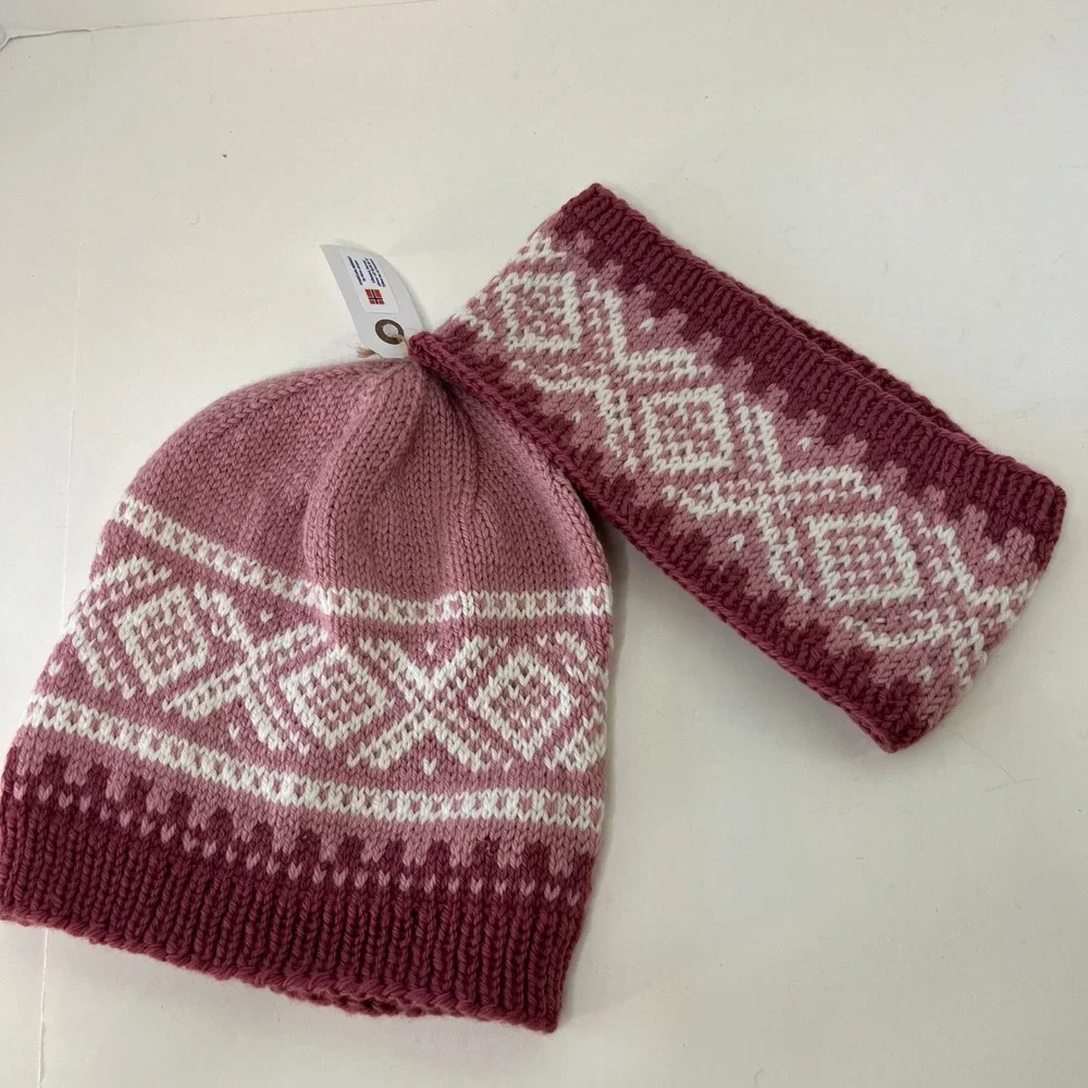 Norwegian Handknit Anne Jorunn Fair Isle Hat Beanie & Ear Headband Set New‎